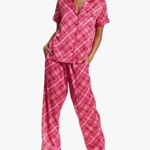 BEBE Satin Silky Bridesmaid Women's Pajama Set Pink Red Plaid Button Down